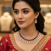 Woman in a red embroidered Indian ethnic dress wearing a diamond and ruby necklace and matching earrings in a jewelry store