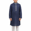 Young boy wearing navy blue checked kurta with embroidery and white churidar pants