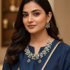 Woman wearing navy blue Indian ethnic kurta with gold motifs and traditional silver necklace and earrings