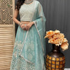Woman in light blue embroidered lehenga with matching sheer dupatta and traditional jewelry at Anandi Fashions