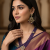 Elegant Indian woman wearing purple and gold saree with traditional purple gemstone necklace and earrings