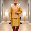 Party Wear for Men - Yellow and Red Mens kurta set with Vest