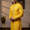 Premium Quality Haldi Yellow Silk Mens Kurta Pajama Set - Wedding Wear