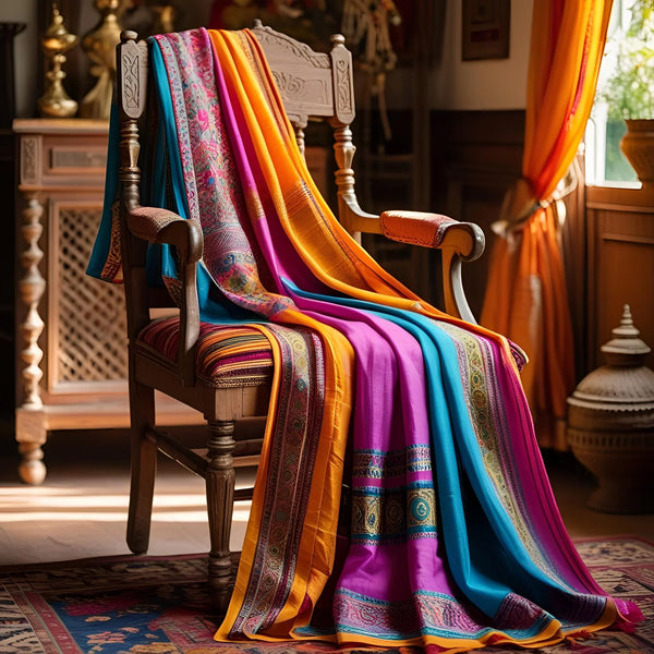 Vibrant Indian ethnic sarees in orange, pink, and blue draped over an ornate wooden chair in a traditional room