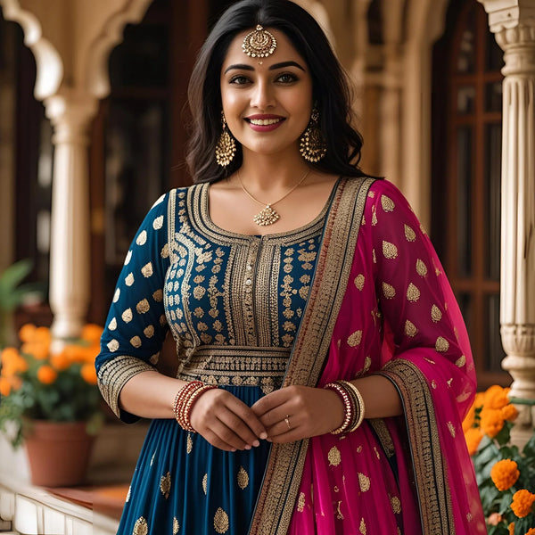 Smiling woman in blue and pink Indian ethnic wear with gold jewelry, posing in traditional setting