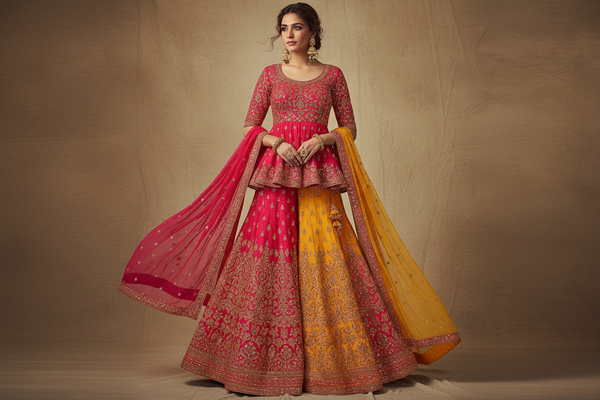 Smiling woman in blue and pink Indian ethnic Anarkali dress with floral embroidery, standing outdoors in decorative floral archway