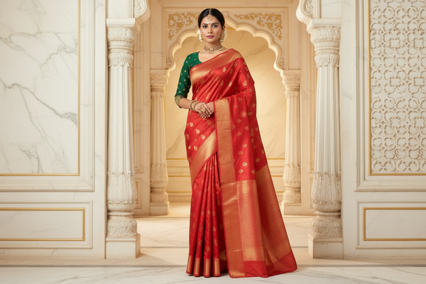 Happy woman wearing vibrant multicolor silk saree and pink blouse, posing outdoors in sunny garden