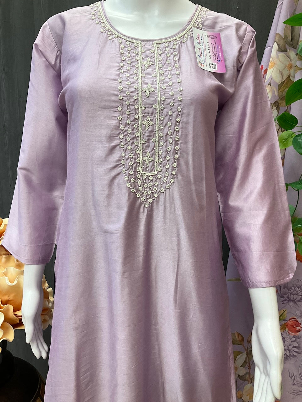 Lilac color Party Wear Chanderi silk Kurti set image 2