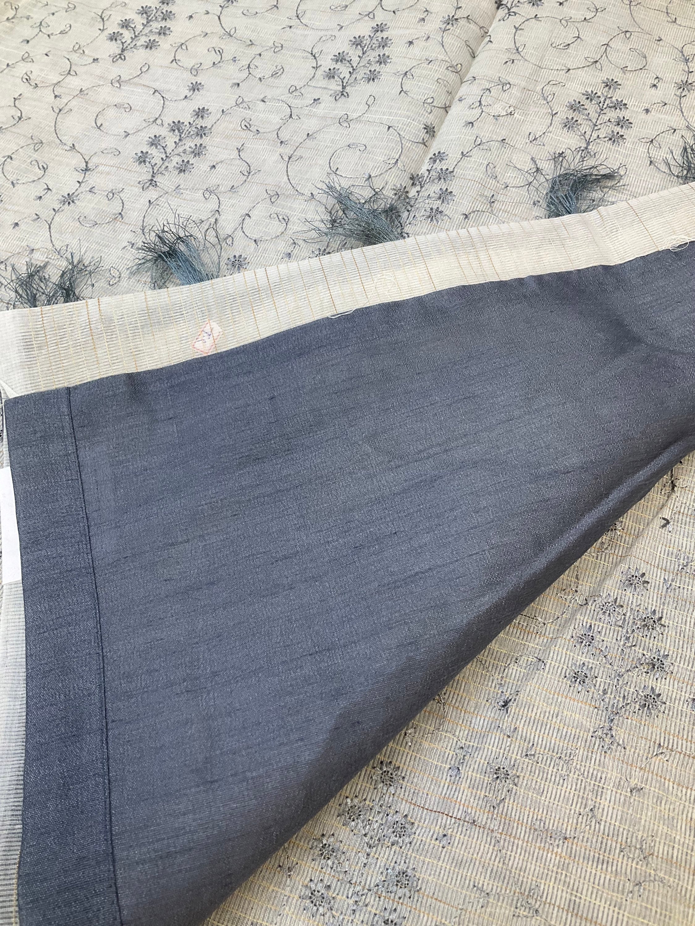 Chinon half white net saree with grey thread embroidery  image 2