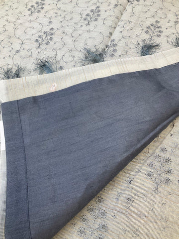 Chinon half white net saree with grey thread embroidery