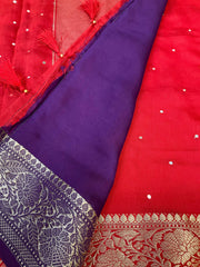 Red Mangalagiri Cotton Silk Saree with Contrast Purple Blouse & Mirrors