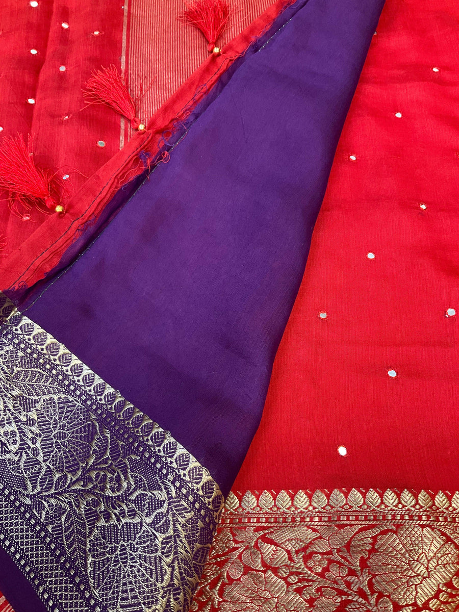 Red Mangalagiri Cotton Silk Saree with Contrast Purple Blouse & Mirrors