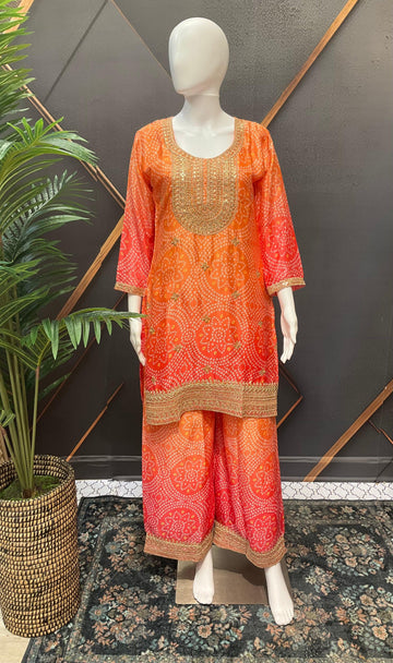 Orange Bandhani Party Wear Palazzo Set - Chinon Material