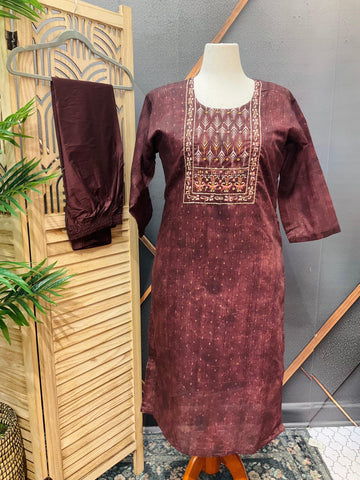 Plus Size Chanderi Silk Kurti Set - Brown - Premium Ethnic Wear