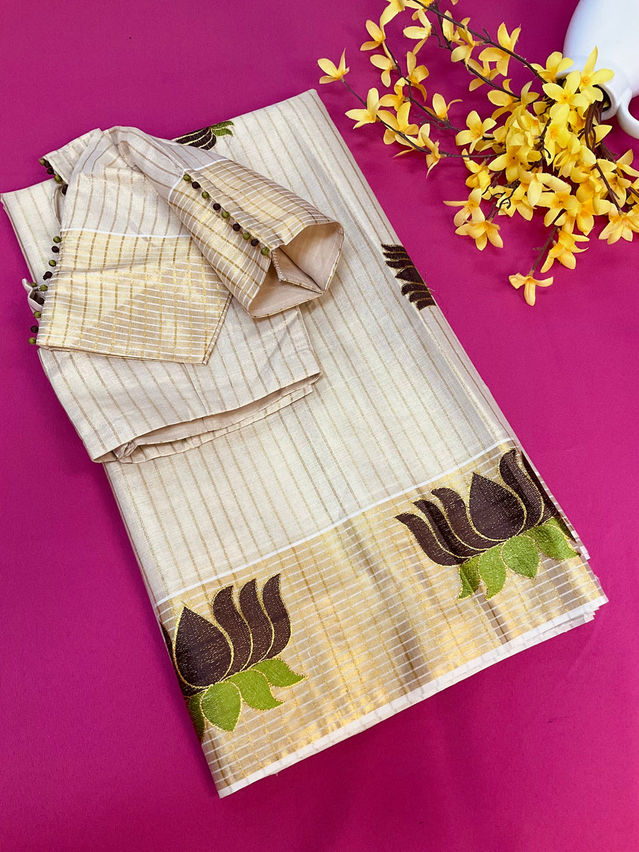 Lotus Embroidery Design Kerala saree with blouse