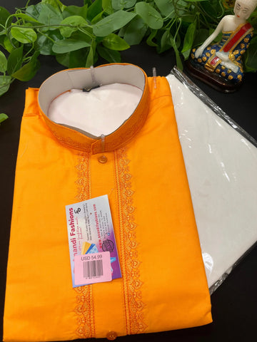 Men Kurta Pajama - Yellow set with Embroidery with Cream Pajama