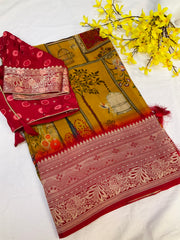 Unique Pattern - Mustard yellow Russian Silk saree with Stitched Blouse
