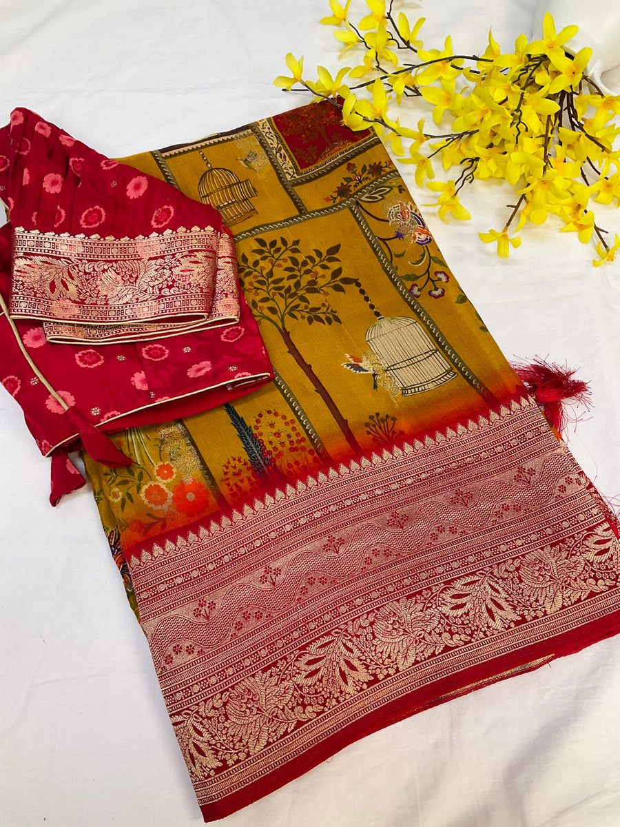Unique Pattern - Mustard yellow Russian Silk saree with Stitched Blouse