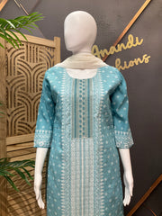 Women’s Light Blue Cotton Chikankari Kurti Set
