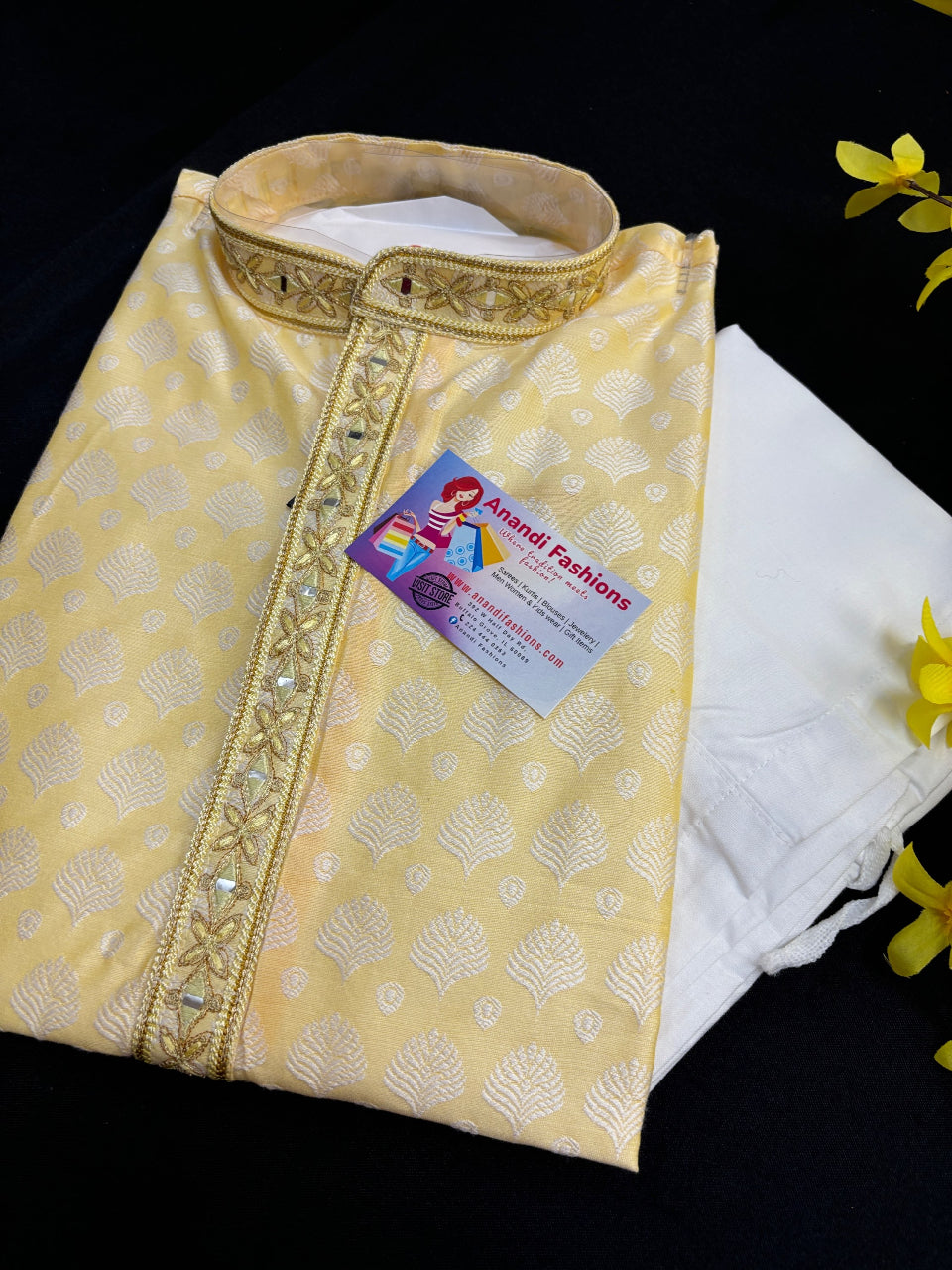 Light Yellow -Jacquard Men’s Kurta Pajama set - Size 36/38/40/42 image 0