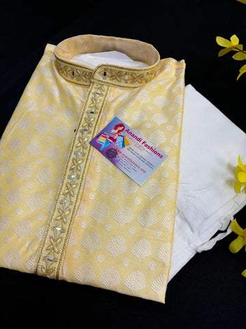 Light Yellow -Jacquard Men’s Kurta Pajama set - Size 40