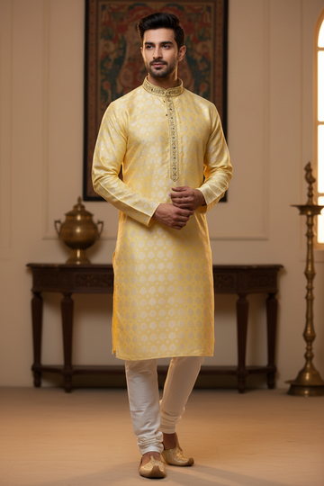 Light Yellow -Jacquard Mens Kurta Pajama set - Size 40