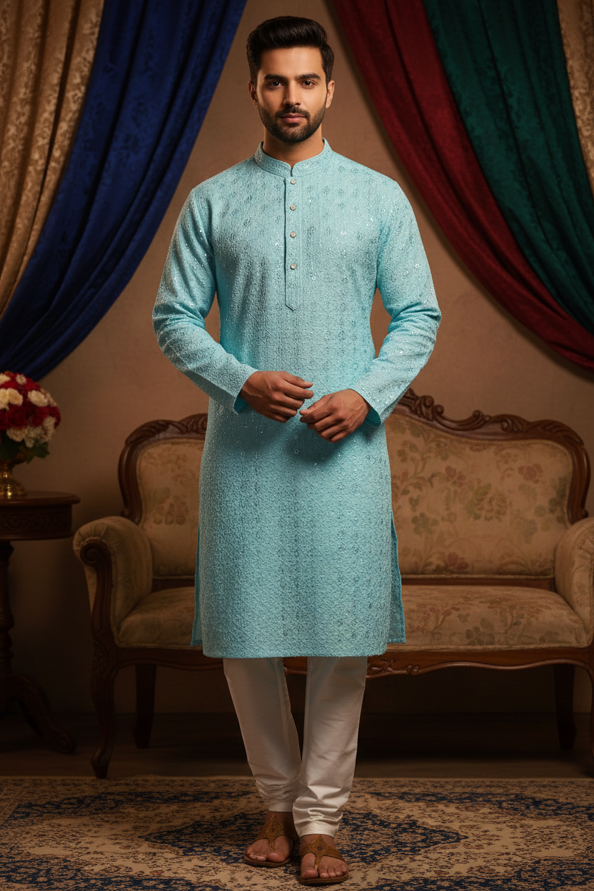 A man modeling a light blue embroidered kurta with white trousers, standing in a traditional indoor setting with draped blue, red, and green curtains and a vintage sofa.