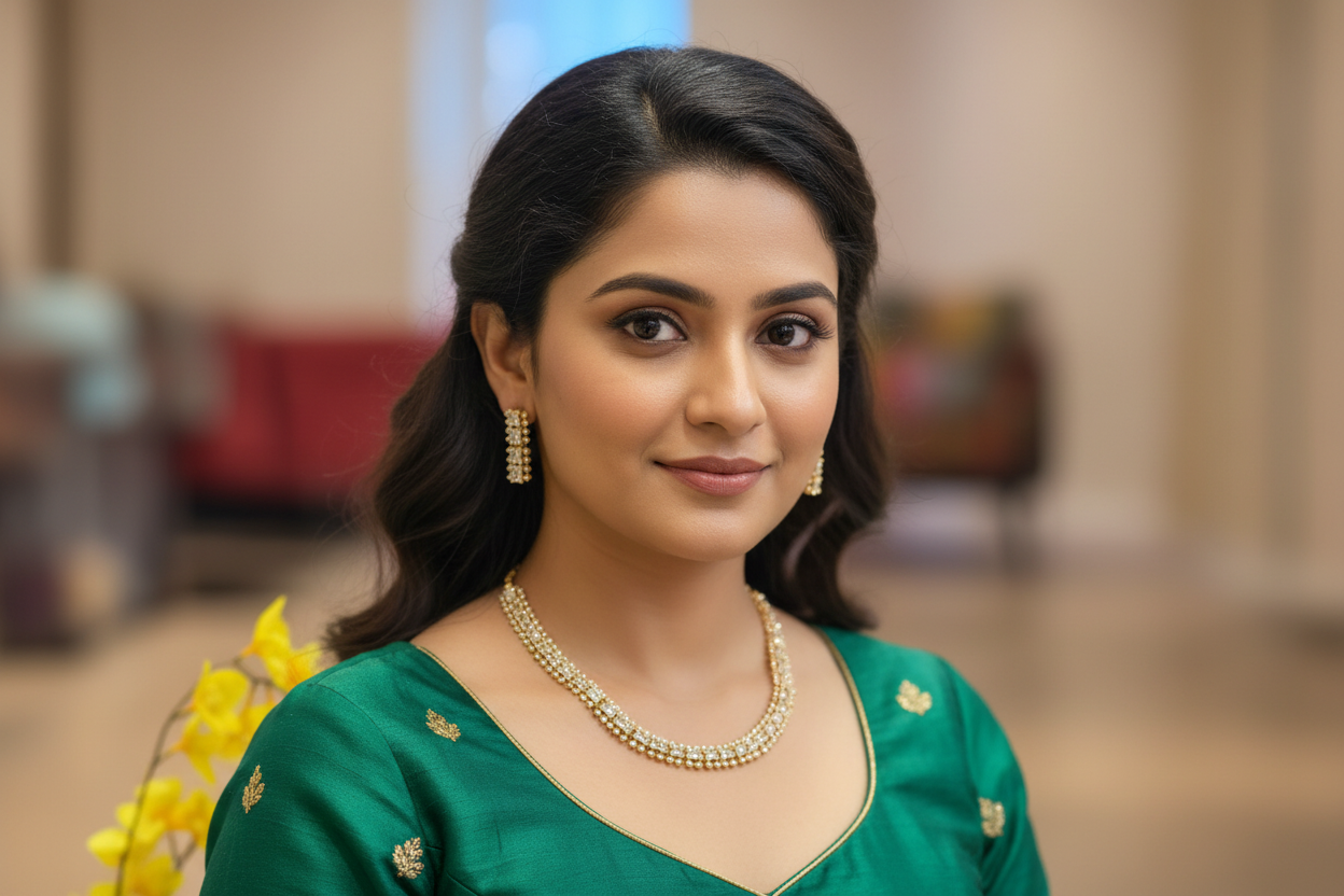 Portrait of woman in green ethnic dress with gold embroidery wearing pearl jewelry at indoor setting