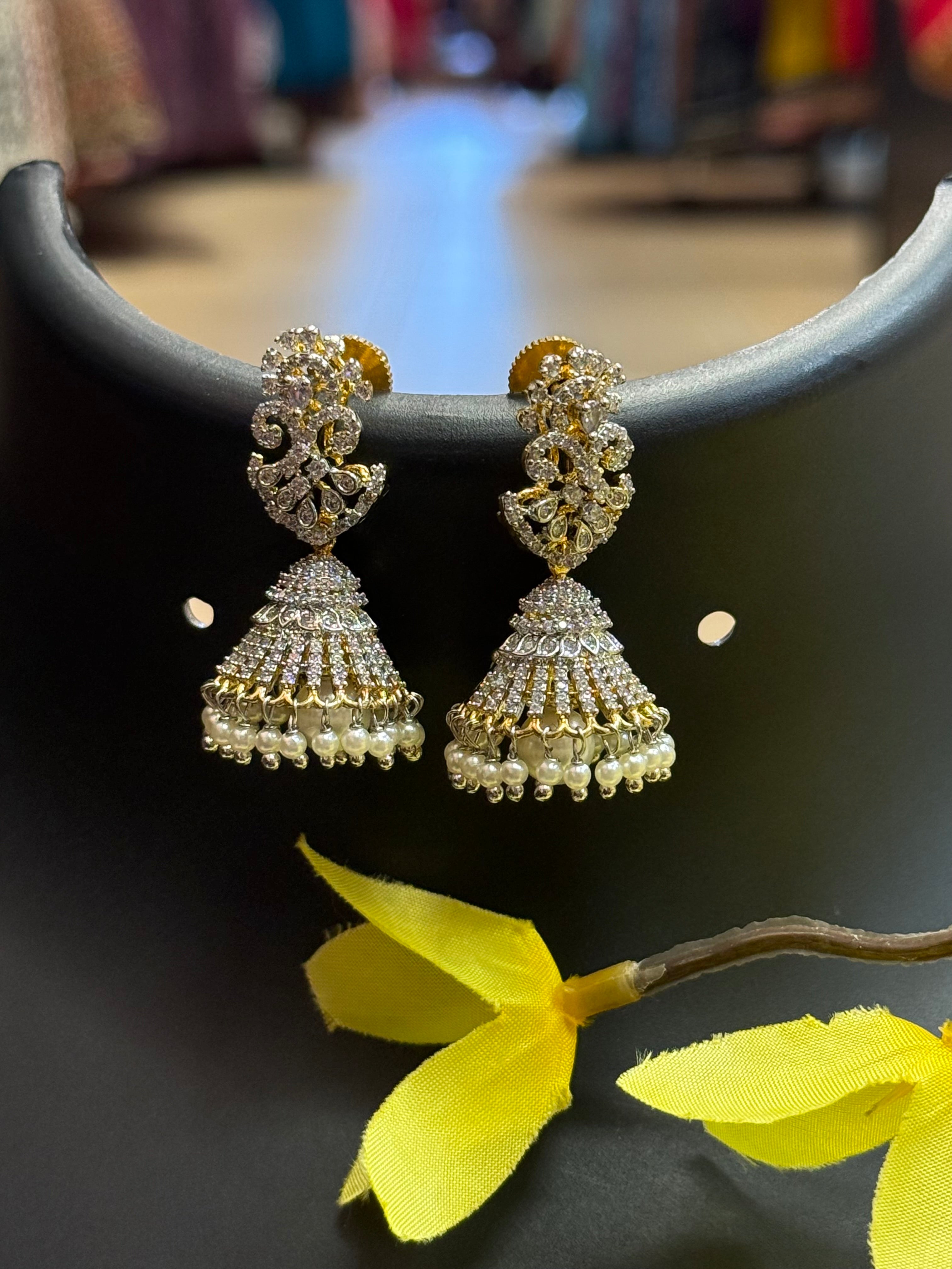 CZ White Stone Jhumkas/Earrings
