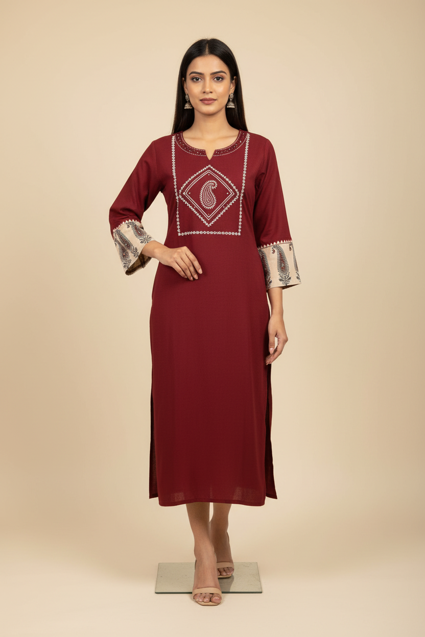 Maroon Color-Khadi Rayon Handloom Kurtis