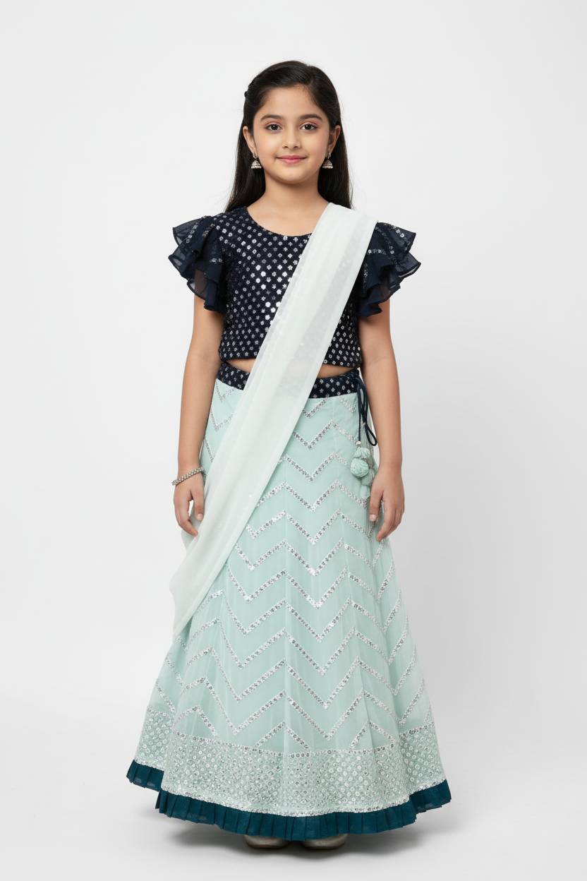 Girls Party Wear Blue Lehenga Set