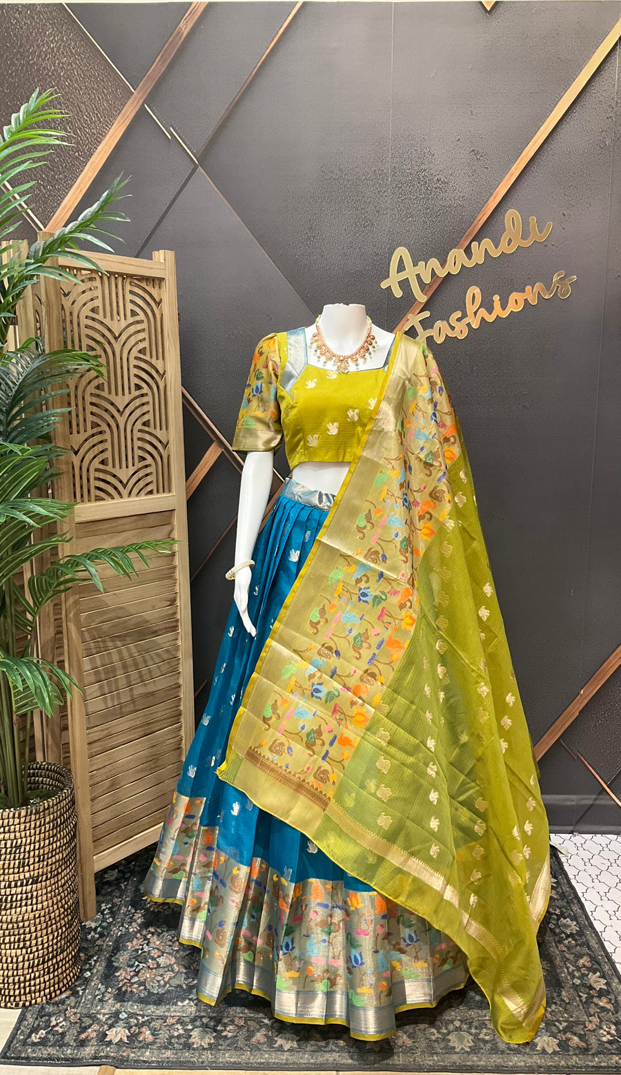 Green & Blue Silk Kota Half Saree set