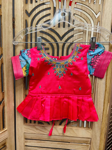 Toddler Girl Blue and Pink Kalamkari Lehenga Set - Kids Ethnic Wear