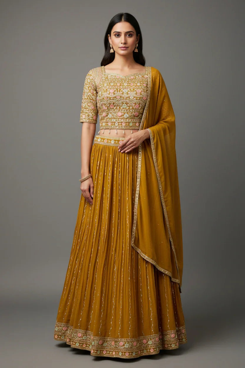Woman in mustard yellow embroidered lehenga with floral patterns and matching dupatta from Anandi Fashions