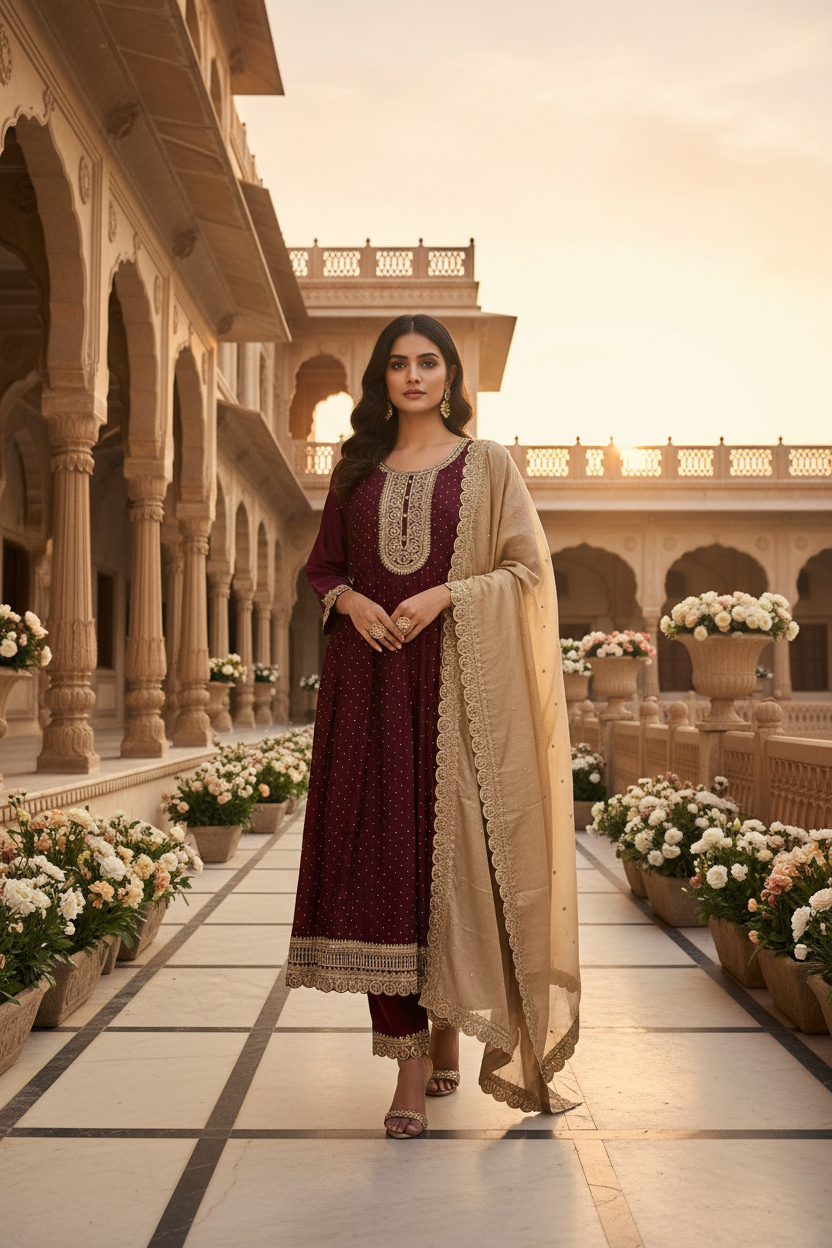 Women’s Wine – Anarkali Kurti Set – Plus Size