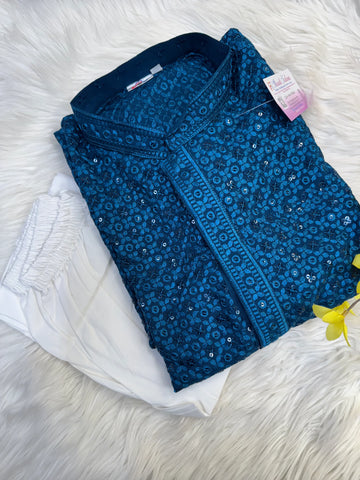 Peacock Blue Sequence Work Men’s Wear Kurta set