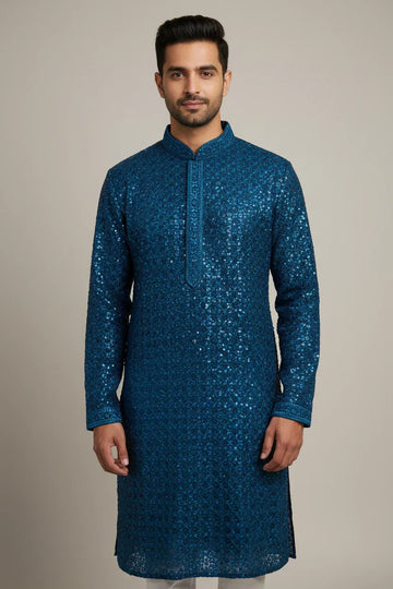 Peacock Blue Sequence Work Mens Kurta set