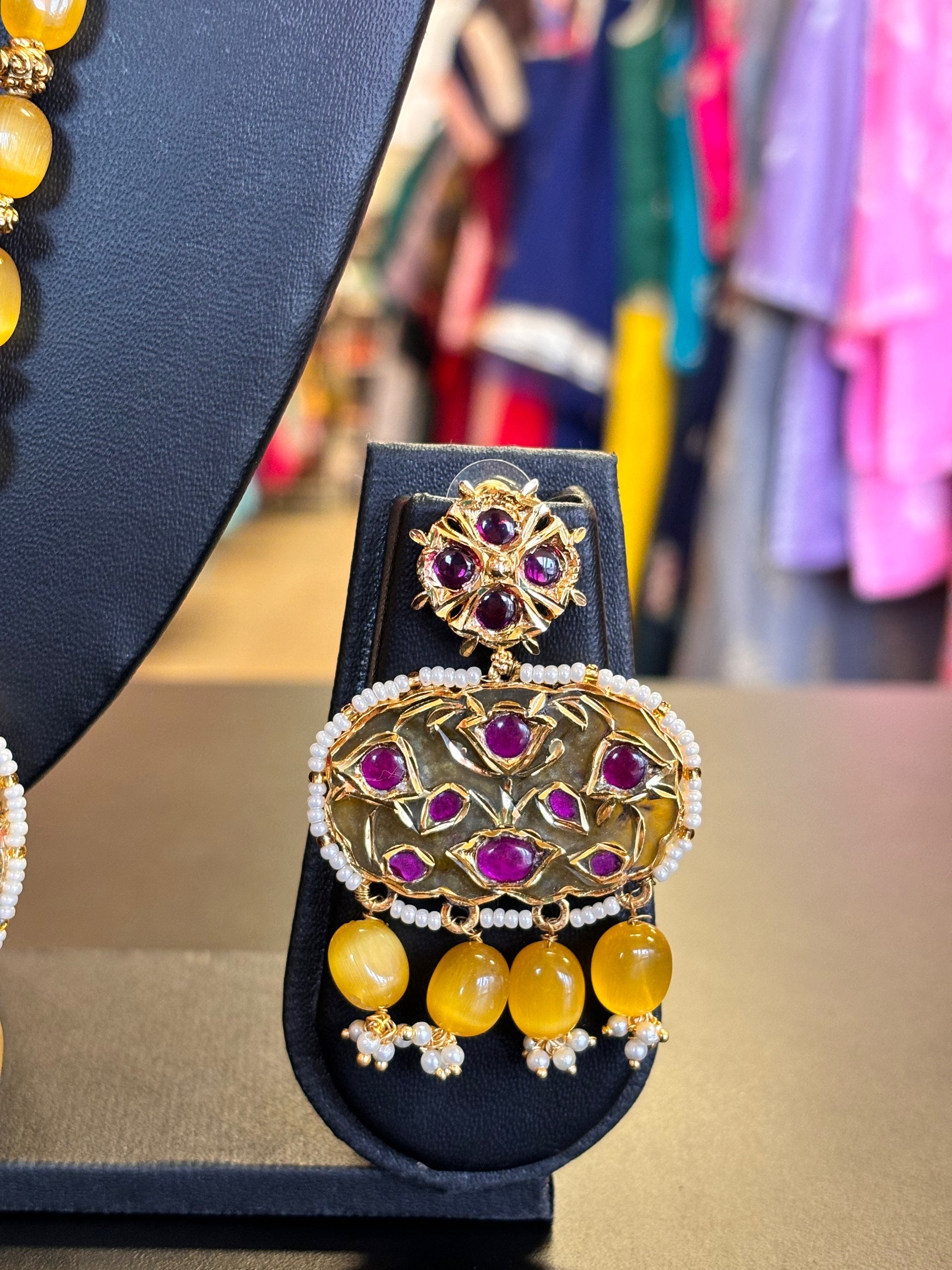 Monalisa Beads Mala - Yellow Monalisa Beads long necklace set with Pendant image 2