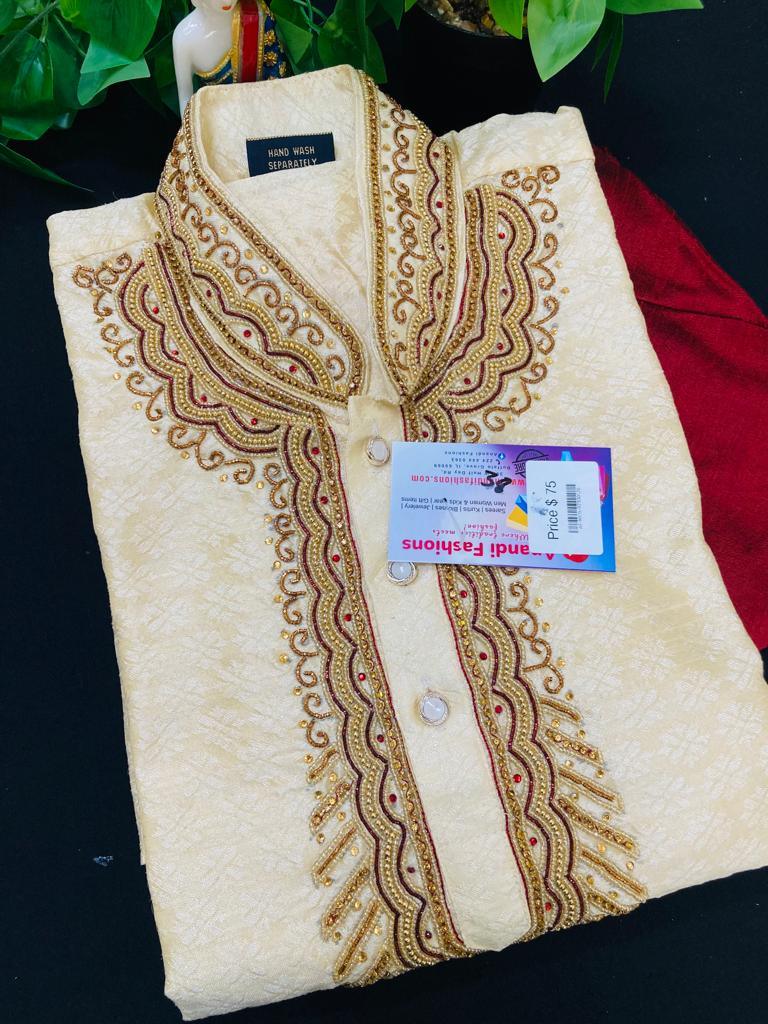Cream Mens kurta set with Embroidered