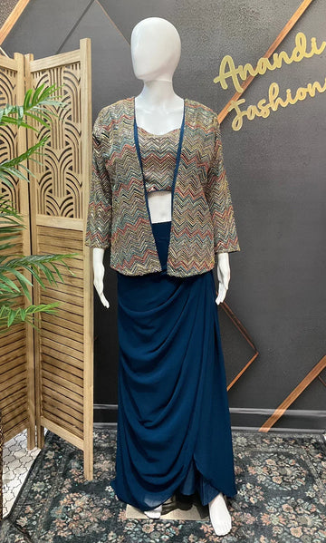 Indo Western Georgette Skirt Set with Embroidered Jacket - Party Wear