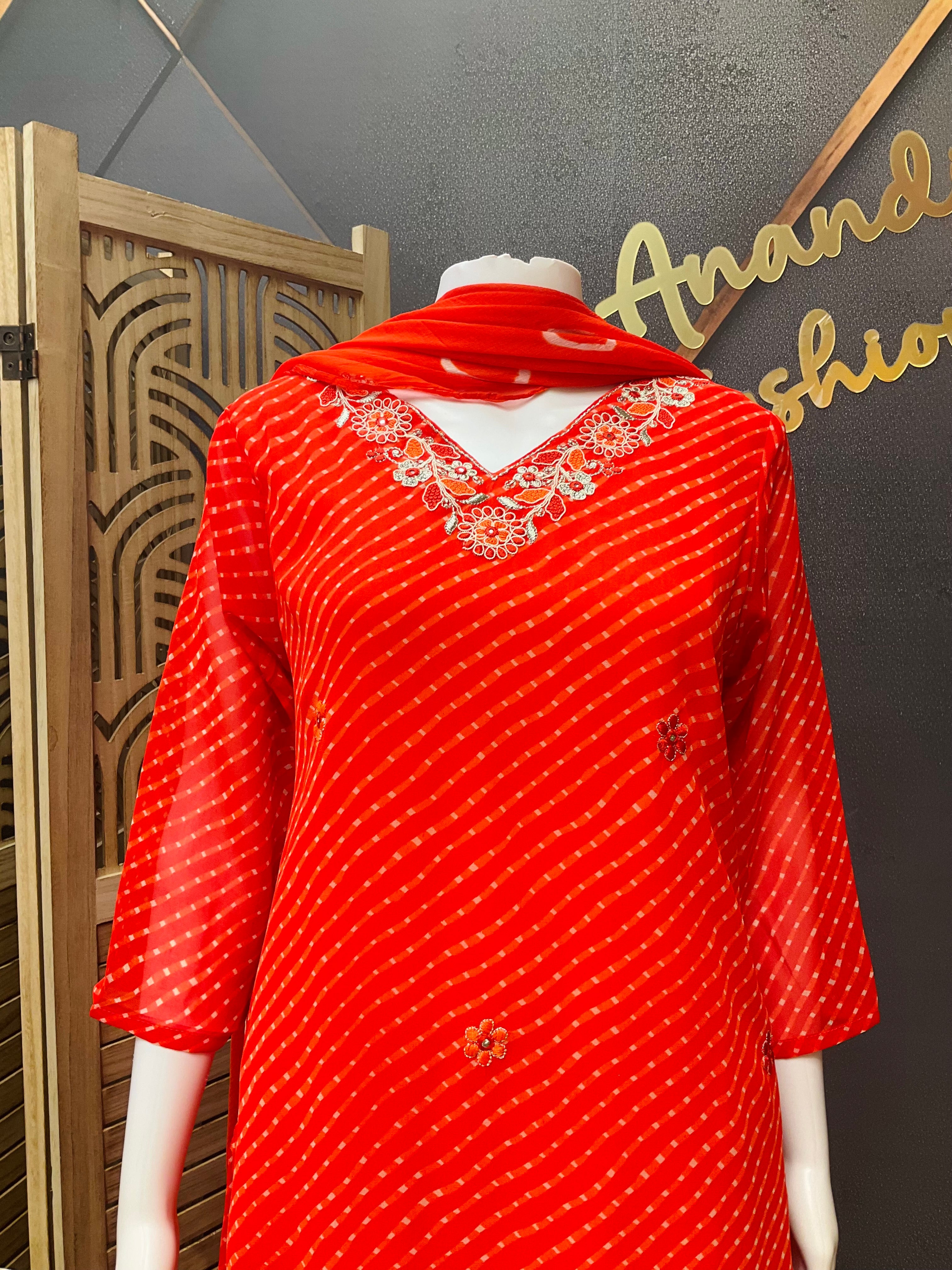 Orange Leheriya Georgette Kurti set