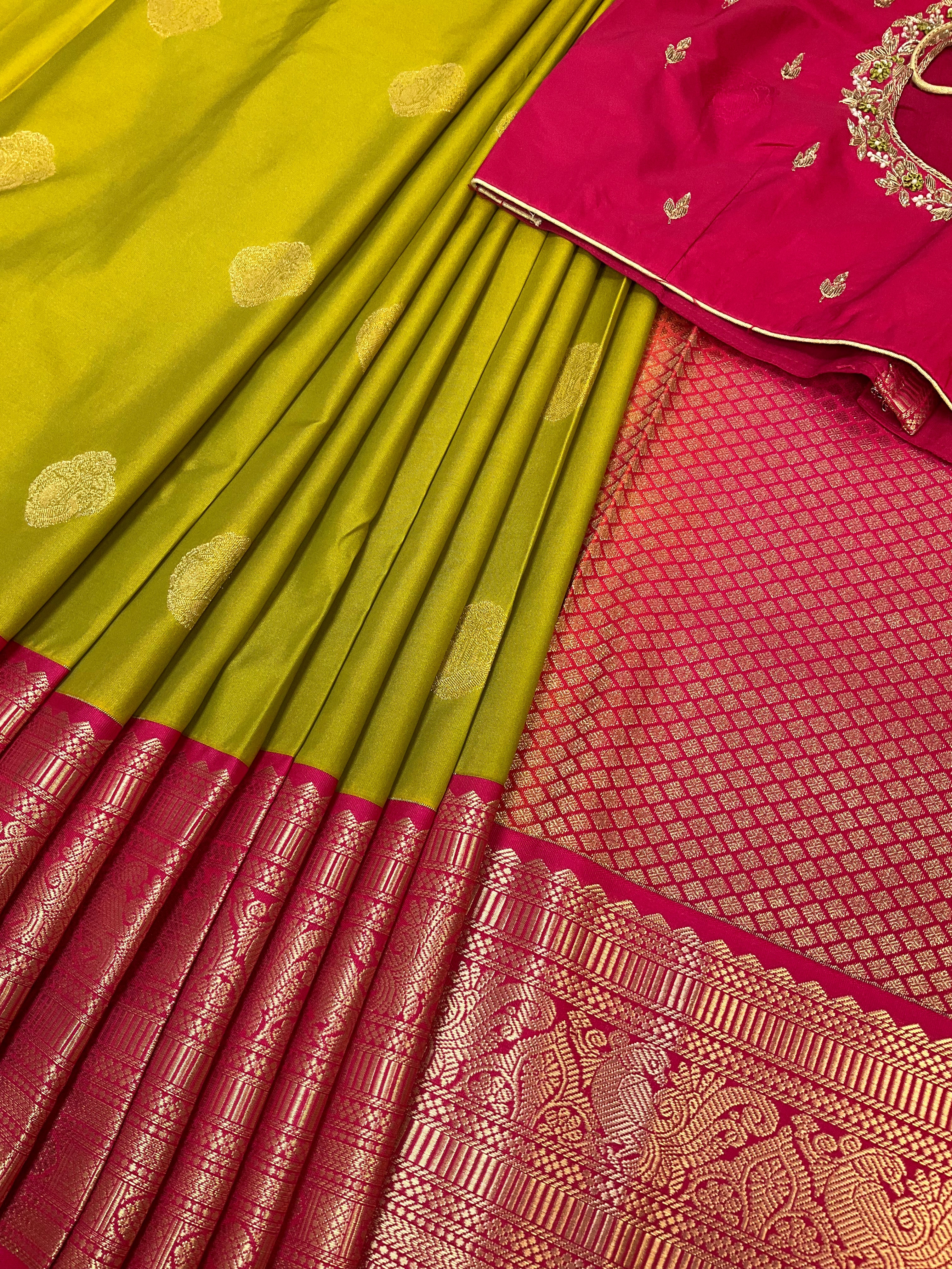Mehandi green semi kanjeevaram Pattu/Silk saree with maggam work Stitched blouse- Fall Pico done