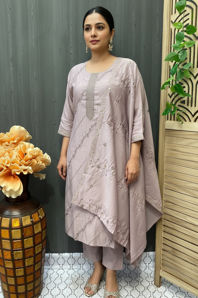 Plus Size Roman Silk Embroidery Kurti Set - Elegant Party Wear