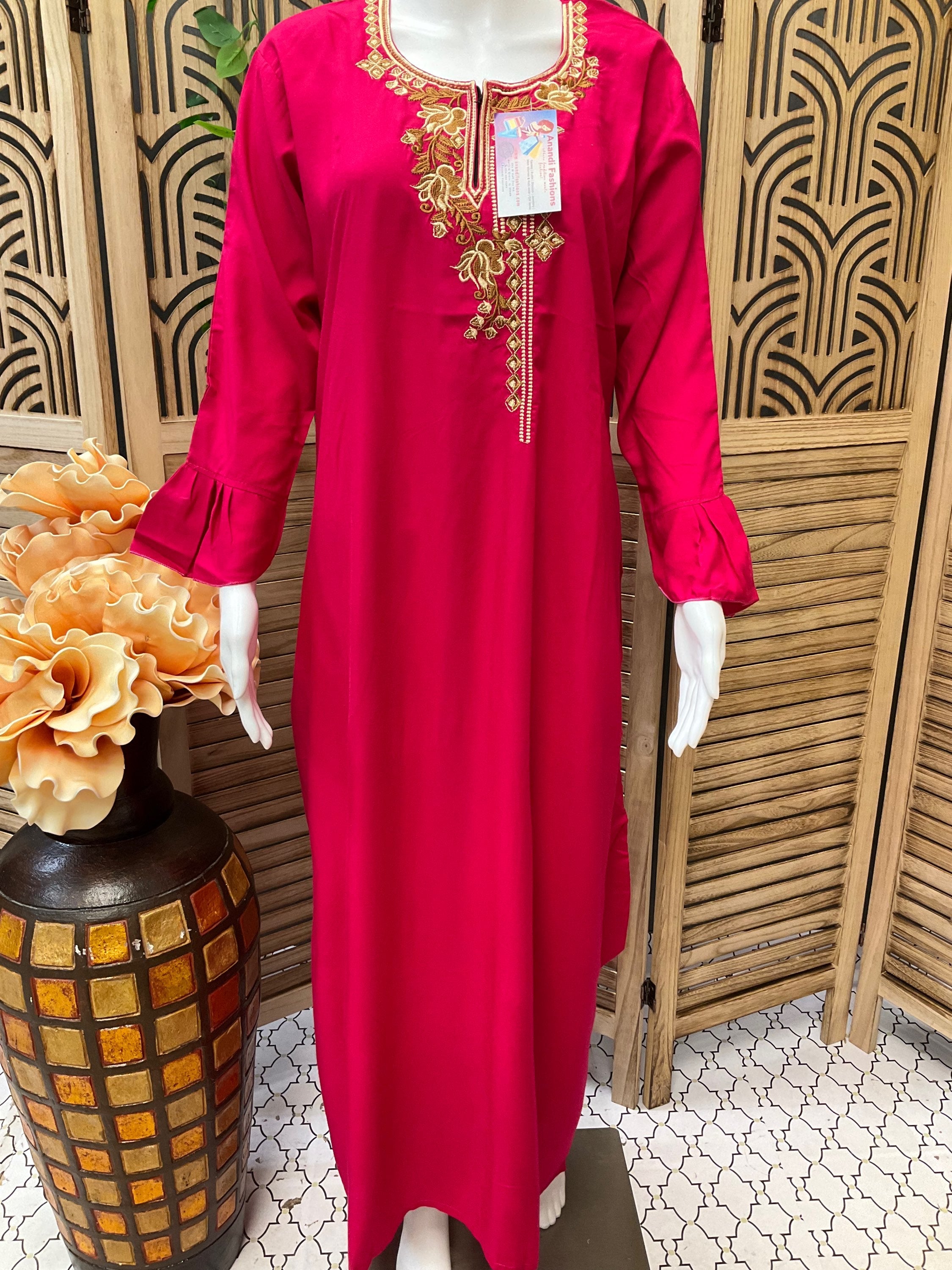 Indian Nighties - Rayon Nighty with embroidery on the neck part and side pocket image 1