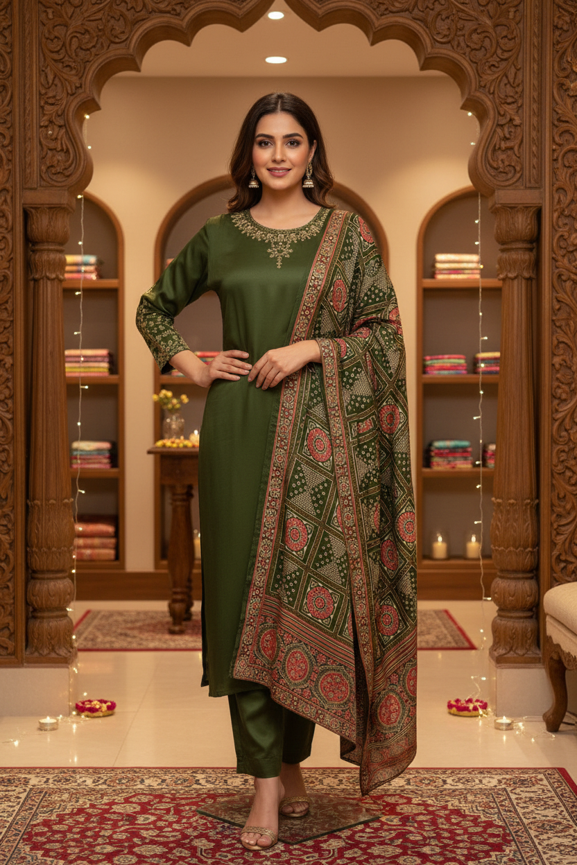 Women’s Plus Size Green Gajji Silk Kurti Set