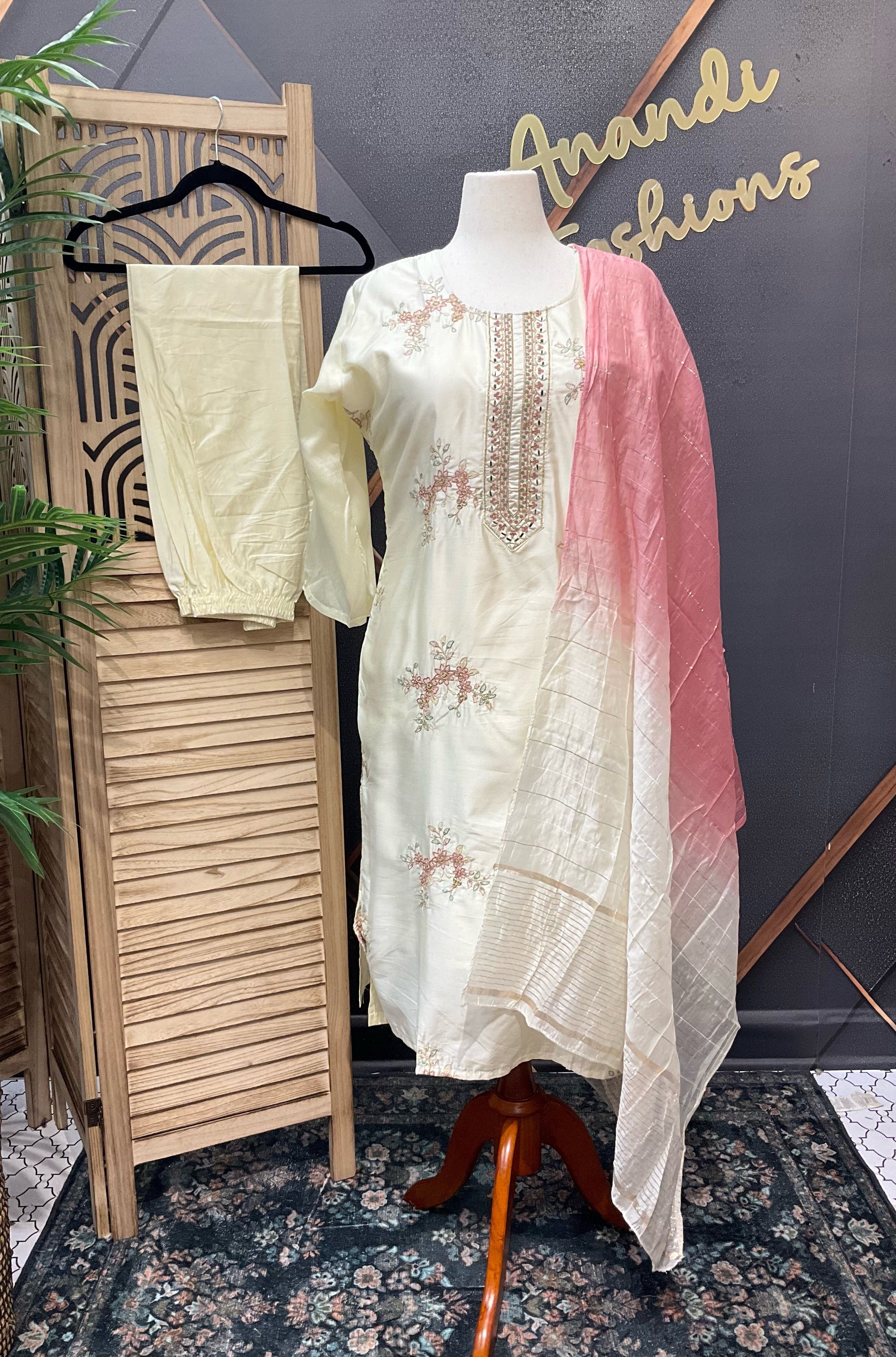 Plus Size - Half White color Embroidery Kurti set