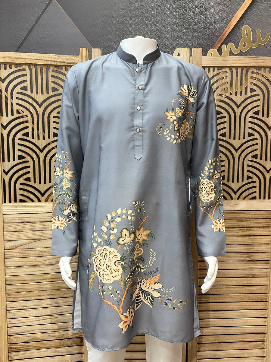 Grey Digital Print Mens kurta set