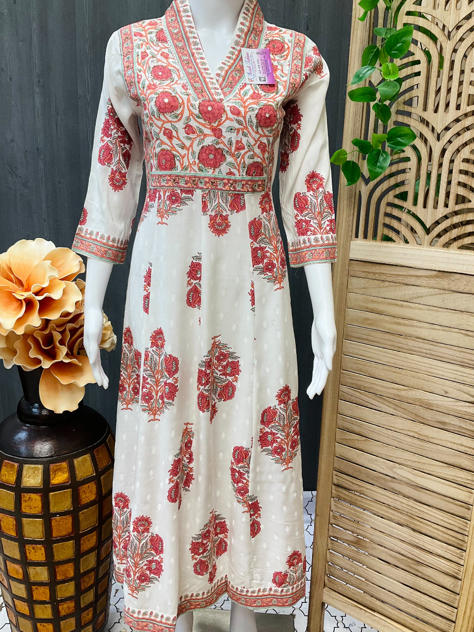 Size 40/US S-Half White Pure Cotton Anarkali Foral print kurti image 0