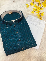 Peacock Blue Rayon Chikankari Kurta sets