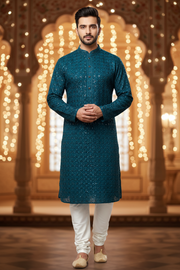 Men’s Peacock Blue Rayon Chikankari Kurta Set - Plus Size - Mens - Kurta Set - Anandi Fashions